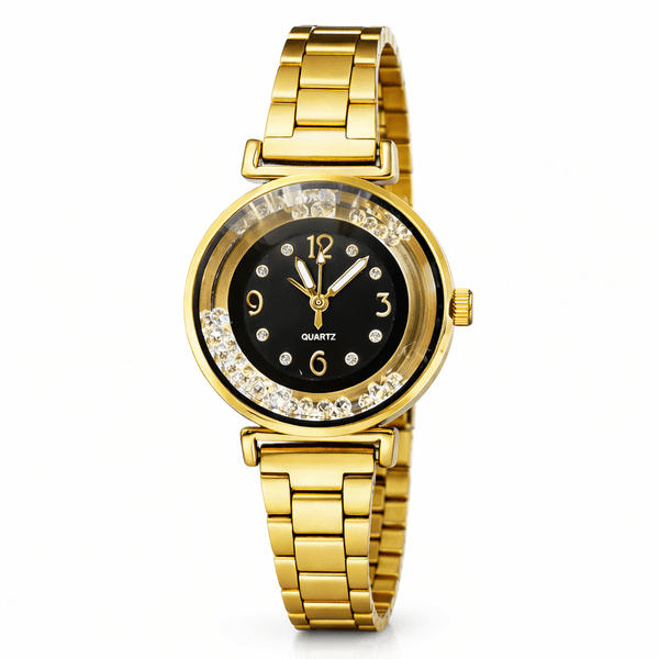 Relógio Quartz Cristal Diamonds Aço Dourado