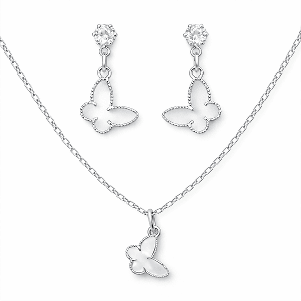 Conjunto Borboleta Branco Banhado Prata 925