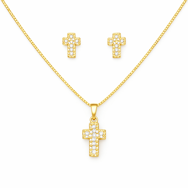 Conjunto Mini Cruz Strass Banhado A Ouro 18K