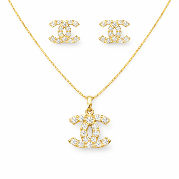 Conjunto Chanel Strass Veneziana Banhado a Ouro 18K