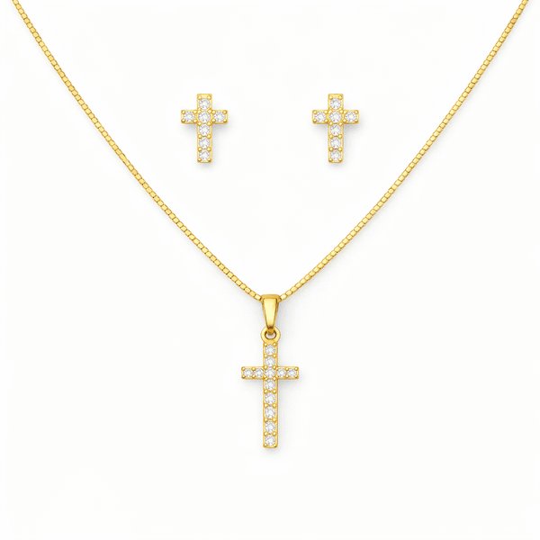 Conjunto Cruz Strass Banhado a Ouro 18K