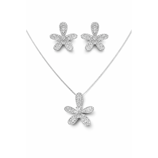 Conjunto Flor Cinco Pétalas Cravejado Banhado a Prata 925