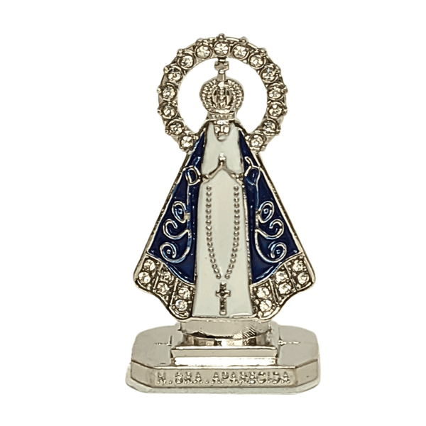 Nossa Senhora Aparecida Miniatura Metal Base Auto Colante Prata Com Azul