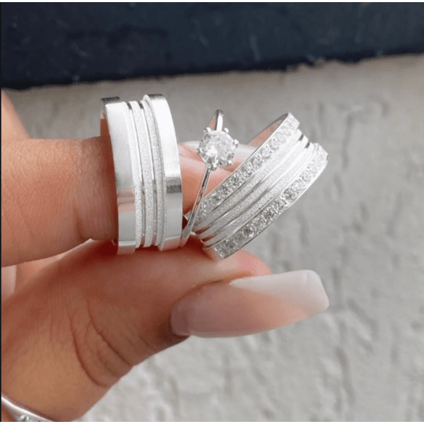 Par De Alianças Em Prata 950 + Anel Solitário