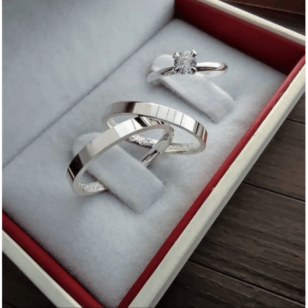 Par De Alianças Em Prata 950 + Anel Solitário