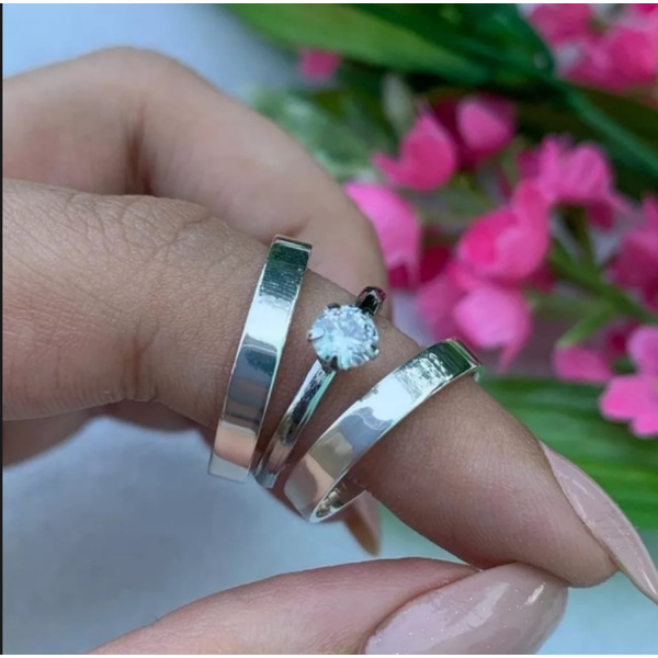 Par De Alianças Em Prata 950 + Anel Solitáro