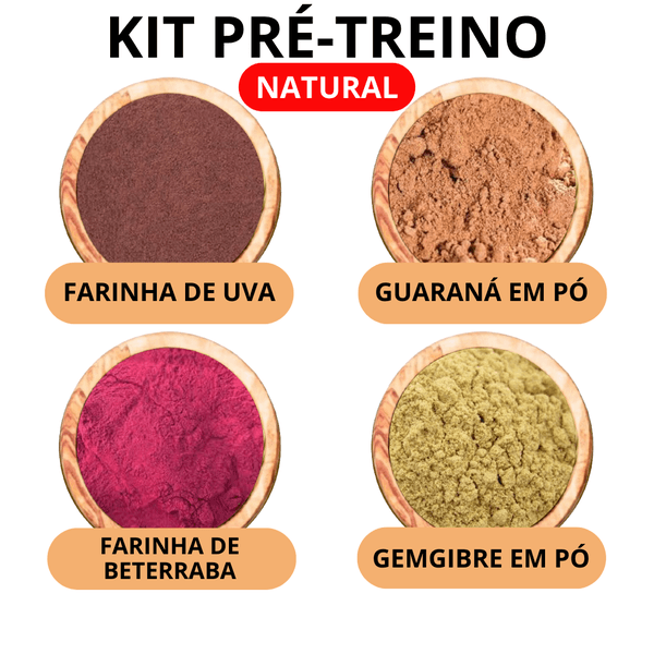 Kit Pré Treino Natural 800g - Farinha Uva + Guaraná em pó + Farinha Beterraba + Gengibre em Pó 200g cada