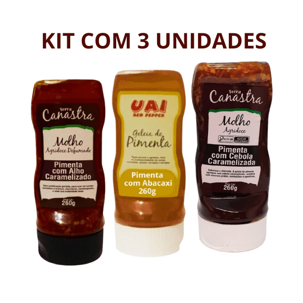 Kit com 3 Unid. de Geléia de Pimenta Agridoce Uai - Sabores Alho, Cebola Caramelizada e Abacaxi- Reserva da Canastra