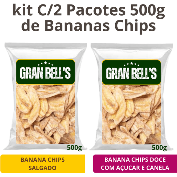 Kit C/ 2 pacotes de Banana Chips de 500g cada sabor Doce e Salgada Artesanal GRAN BELL'S