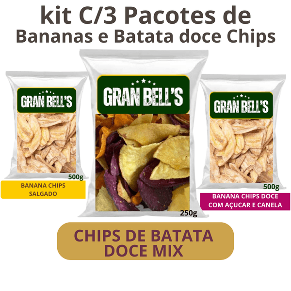 kit C/3 Pacotes de Bananas e Batata doce Chips - 1 Batata doce Mix 1 Banana Chips Salgada e 1 com Açúcar e Canela