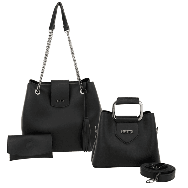 Kit Bolsa Saco Corrente Grande Preta + Bolsa Pequena Tiracolo Chloe Preta