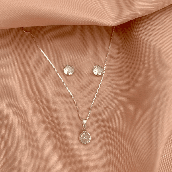 Conjunto Solitario 6mm Zirconia Cristal Prata 925