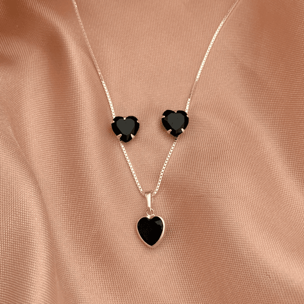 Conjunto Zircônia Coração Preto Prata 925