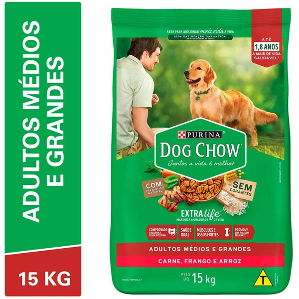 Dog Chow Ração Seca Cães Adultos Raças Médias e Grandes Carne, Frango e Arroz 15kg