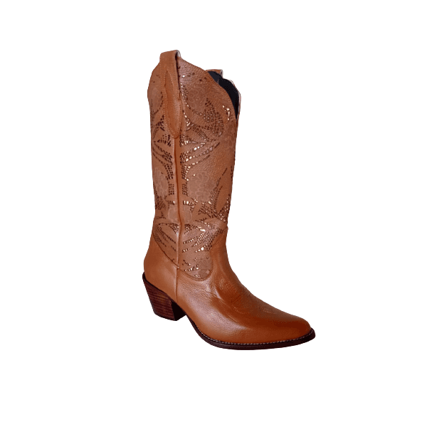 Bota Texana Feminina Couro Floater Conhaque Com Detalhe a Laser - Silverado Botas