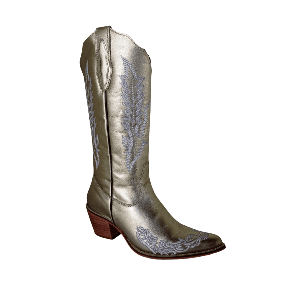 Bota Texana Feminina Couro Metalizado Ouro Velho Bordados - Silverado Botas