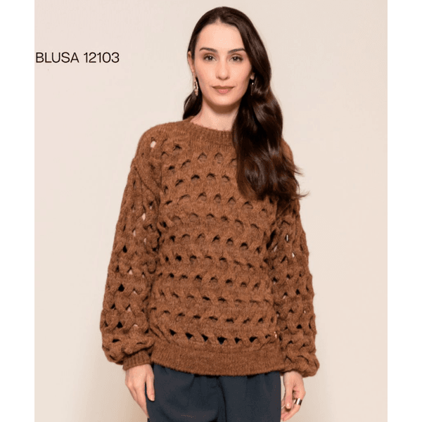 Blusa em Malha Dupla c/ Ponto Bolha Marrom Médio Abenção