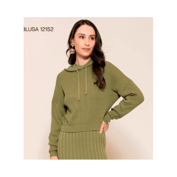 Blusa em Malha Canelada c/ Capuz Abeção Verde