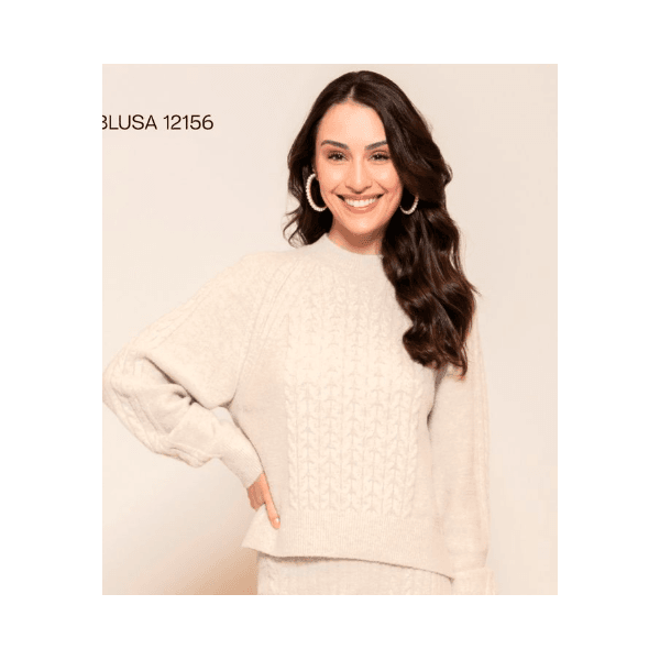 Blusa Malha Fio Pluma Trabalhada Manga Bufante Abenção Bege