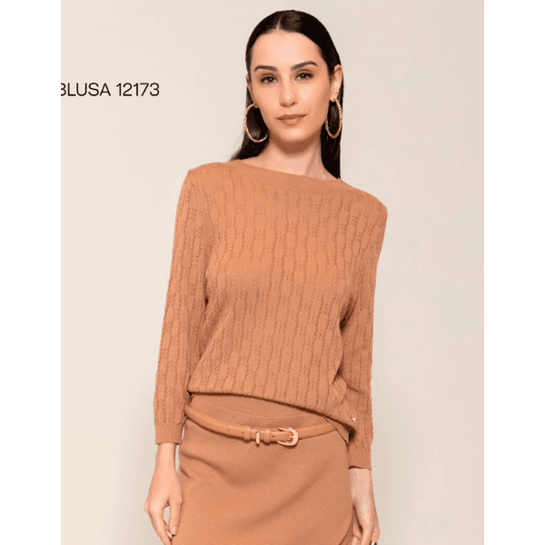 Blusa Malha Leve Trabalhada c/ Mangas 3/4 Abenção Marrom Médio