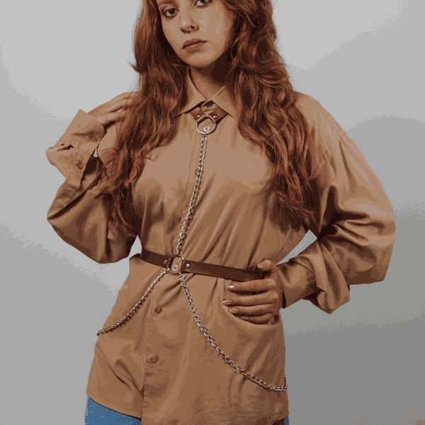 Harness de Corpo In Chains Marrom com Correntes Franjinhas na Cintura