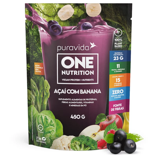 Suplemento alimentar vegano com proteínas, fibras alimentares, vitaminas e minerais em pó sabor açaí com banana - 450gr