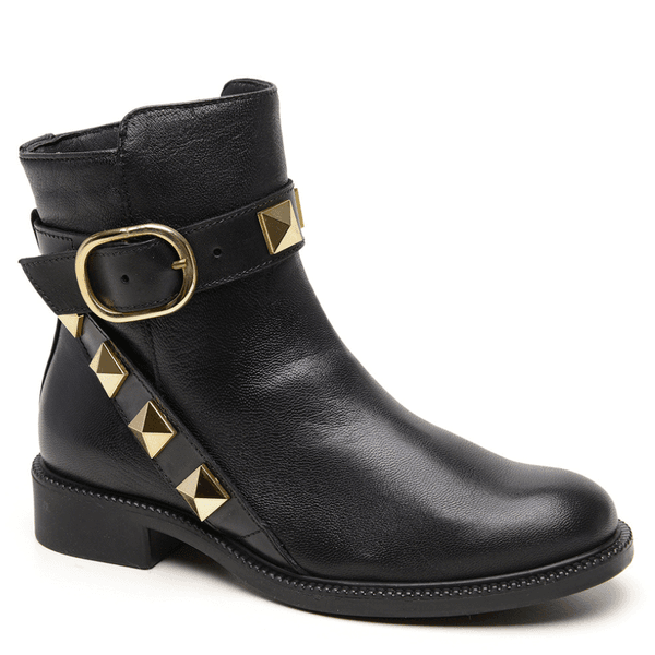 BOTA ROCKSTUD COURO CABRA PRETO/OURO