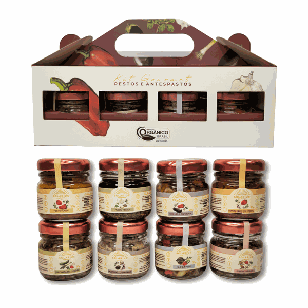 KIT GOURMET PESTOS E ANTEPASTOS ORGÂNICO (8 UNIDADES) - SOLARIUS - 8X30G.