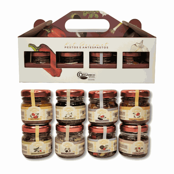 KIT GOURMET PESTOS E ANTEPASTOS ORGÂNICO (8 UNIDADES) - SOLARIUS - 8X30G.