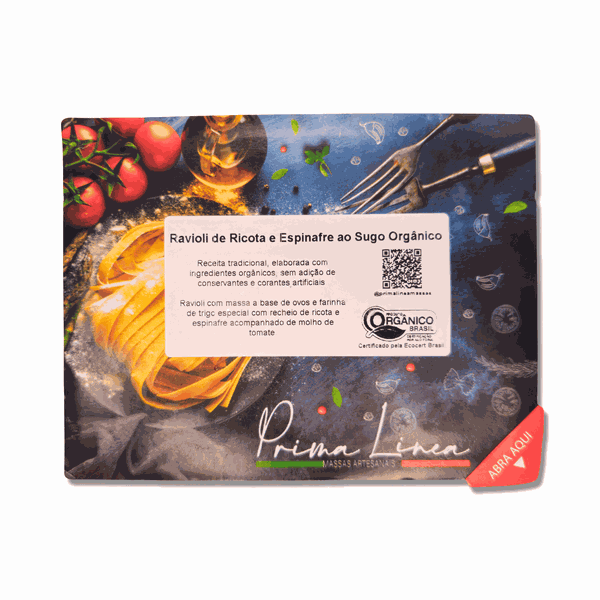 RAVIOLI DE RICOTA E ESPINAFRE AO SUGO ORGÂNICO - PRIMA LINEA - 350G.