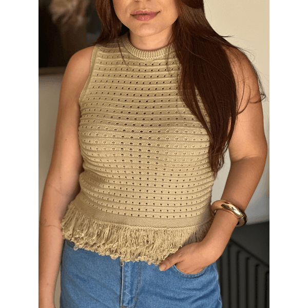 Blusa Tricot Com Franjas Bege 