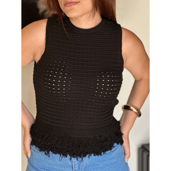 Blusa Tricot Com Franjas Preta 