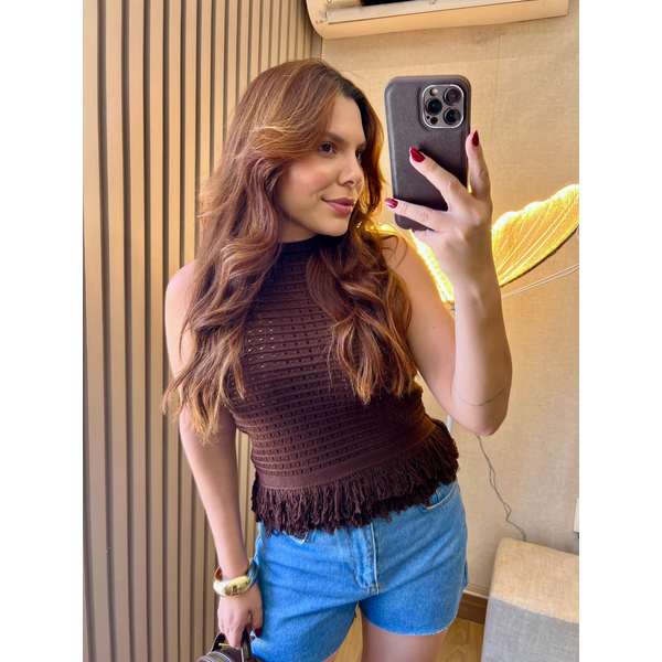 Blusa Tricot Com Franjas Marrom