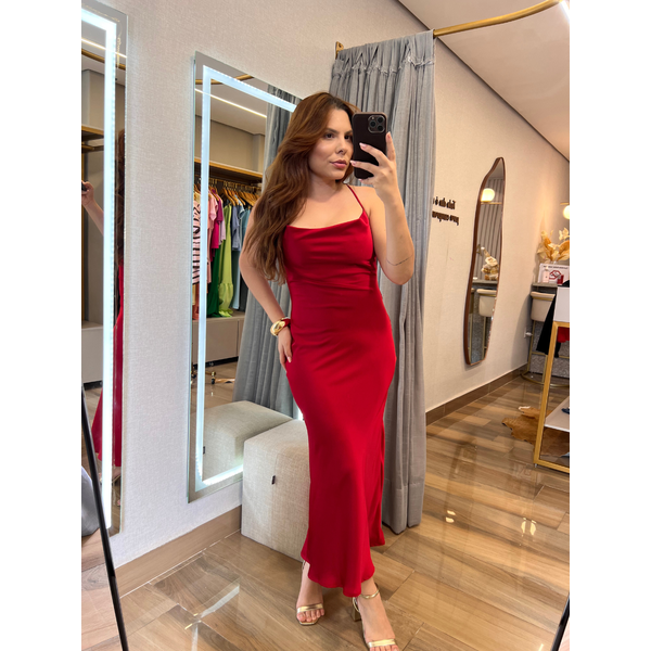 Vestido Midi Cetim Elis Vermelho