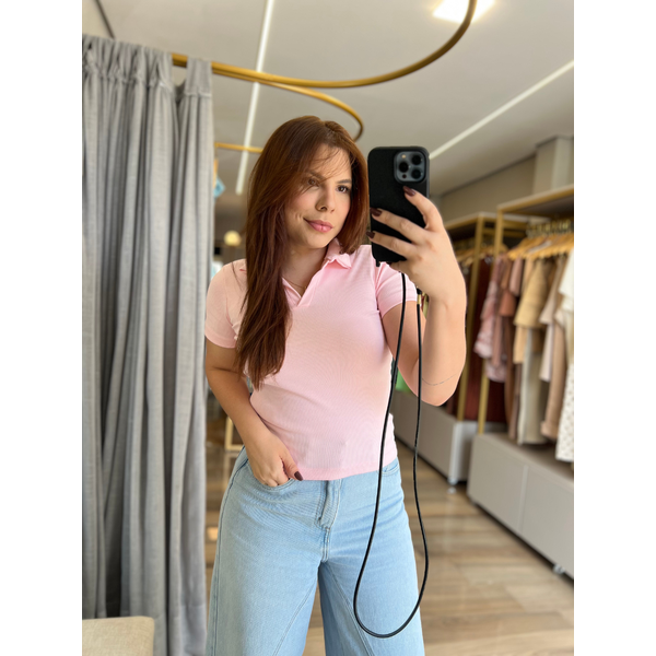 Blusa Gola Polo Canelada Rosa Claro 