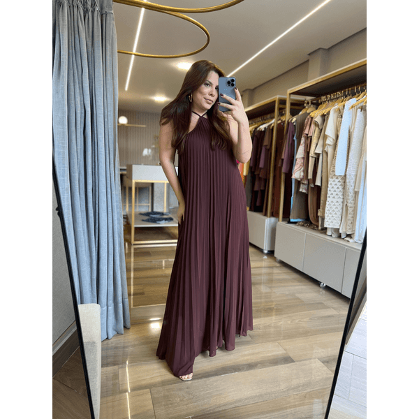 Vestido Frente Unica Plissado Marrom 
