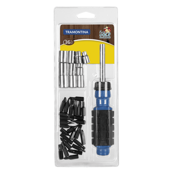 KIT DE FERRAMENTAS 36 PECAS (1 CHAVE FENDA COM ADAPTADOR + 25 PONTEIRAS + 10 SOQUETES)
