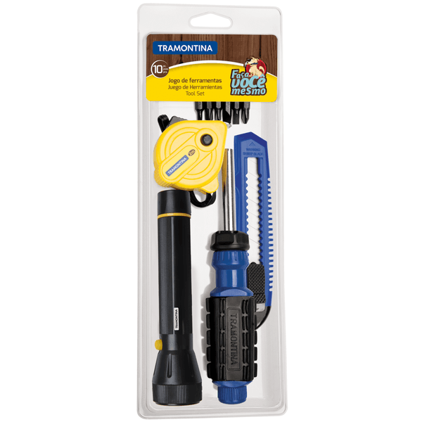KIT FERRAMENTAS 10 PECAS (1 TRENA+ESTILETE+ LANTERNA+ CHAVE COM ADAPTADOR+ 6 PONTEIRAS)