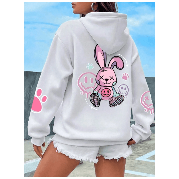 Moletom Feminino Confortável detalhes na Manga e Costa COELHO ROSA - COR BRANCO - QUEIMA DE ESTOQUE
