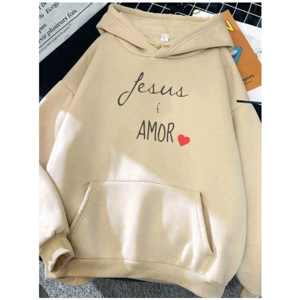 Blusa Moletom Jesus é Amor Casual Unissex Inverno - Bege G - QUEIMA DE ESTOQUE