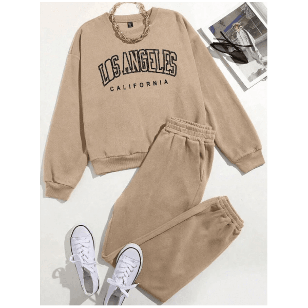 Kit Feminino Gola Redonda e Calça LOS ANG CALIFORNIA Moda Inverno - Bege M - QUEIMA DE ESTOQUE