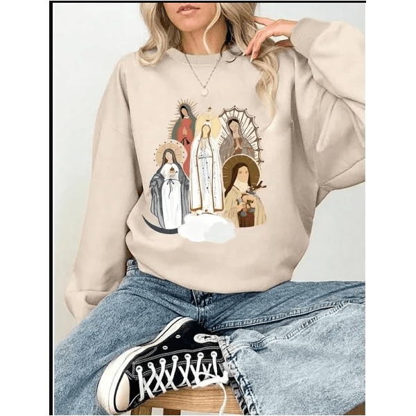 Moletom Gola Careca Estampado Santas Religioso - Bege - QUEIMDA DE ESTOQUE 