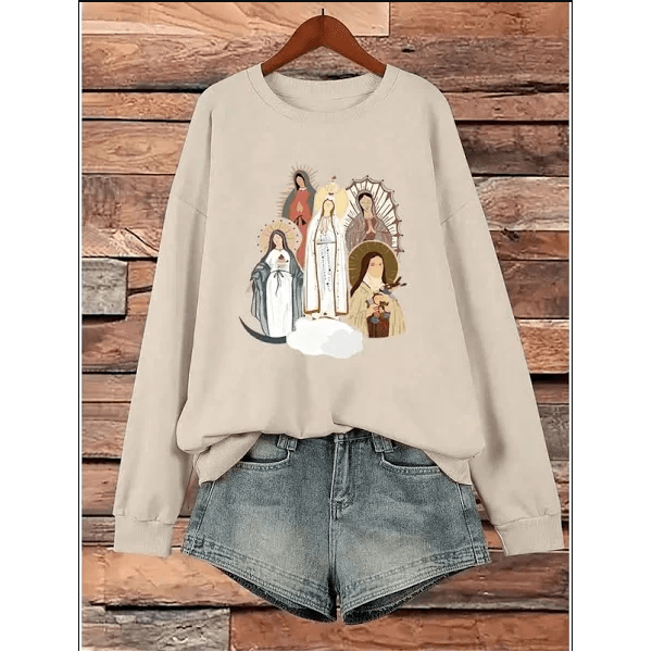 Moletom Gola Careca Estampado Santas Religioso - Bege - QUEIMA DE ESTOQUE 