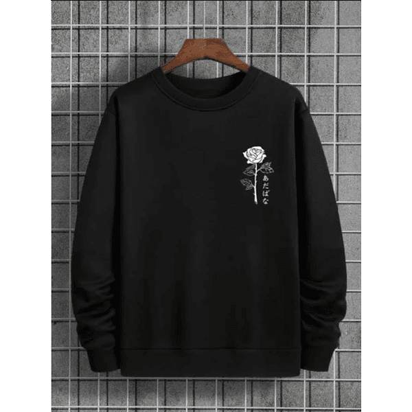 Moletom Gola Redonda Careca 100% Algodão Flor Rosa Japonesa Unissex Estilo Coreano - PRETO GG - QUEIMA DE ESTOQUE