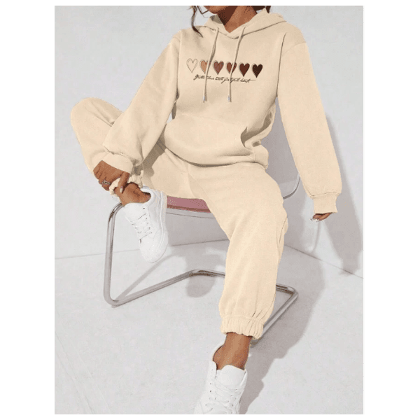 Conjunto Moletom Feminino Corações Confortável Elegante Inverno - Bege - Queima De Estoque