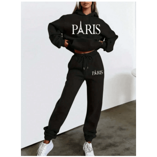Conjunto De Moletom Feminino Streetwear Paris tumblr Com Calça Feminina - PRETO GG - QUEIMA DE ESTOQUE