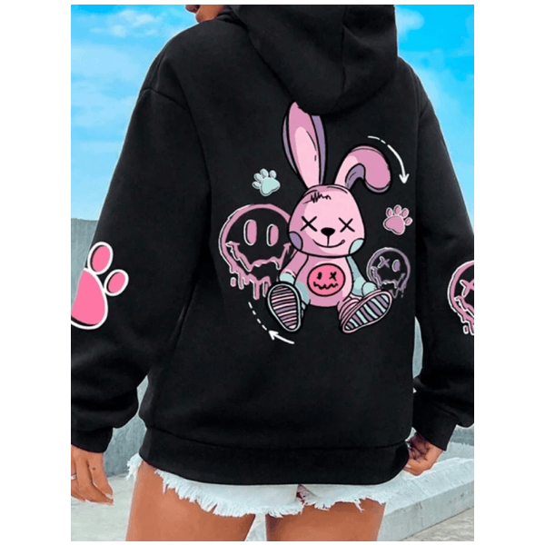 Moletom Feminino Confortável detalhes na Manga e Costas COELHO ROSA - PRETO - QUEIMA DE ESTOQUE