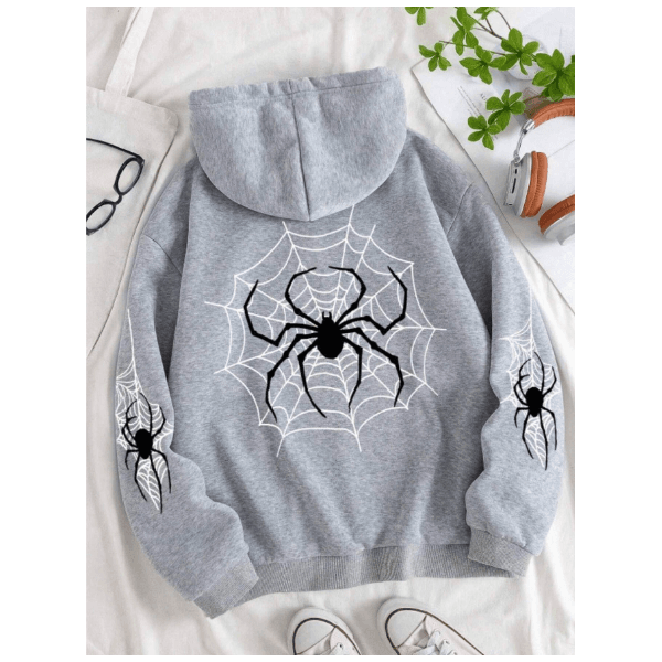 Blusa Moletom Com Capuz Estampado Aranha Teia Unissex Hoodie - CINZA GG - QUEIMA DE ESTOQUE