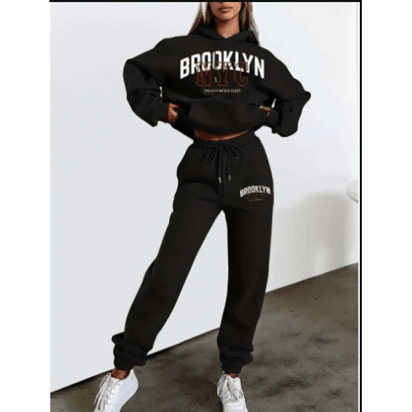 Conjunto De Moletom Feminino Streetwear Brooklyn NYC tumblr Com Calça - PRETO - QUEIMA DE ESTOQUE