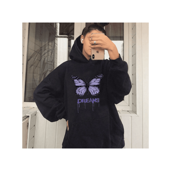 Blusa Moletom Canguru Feminino Dream Borboleta Sonhos Com Capuz e Cordão Bolso - PRETO - QUEIMA DE ESTOQUE